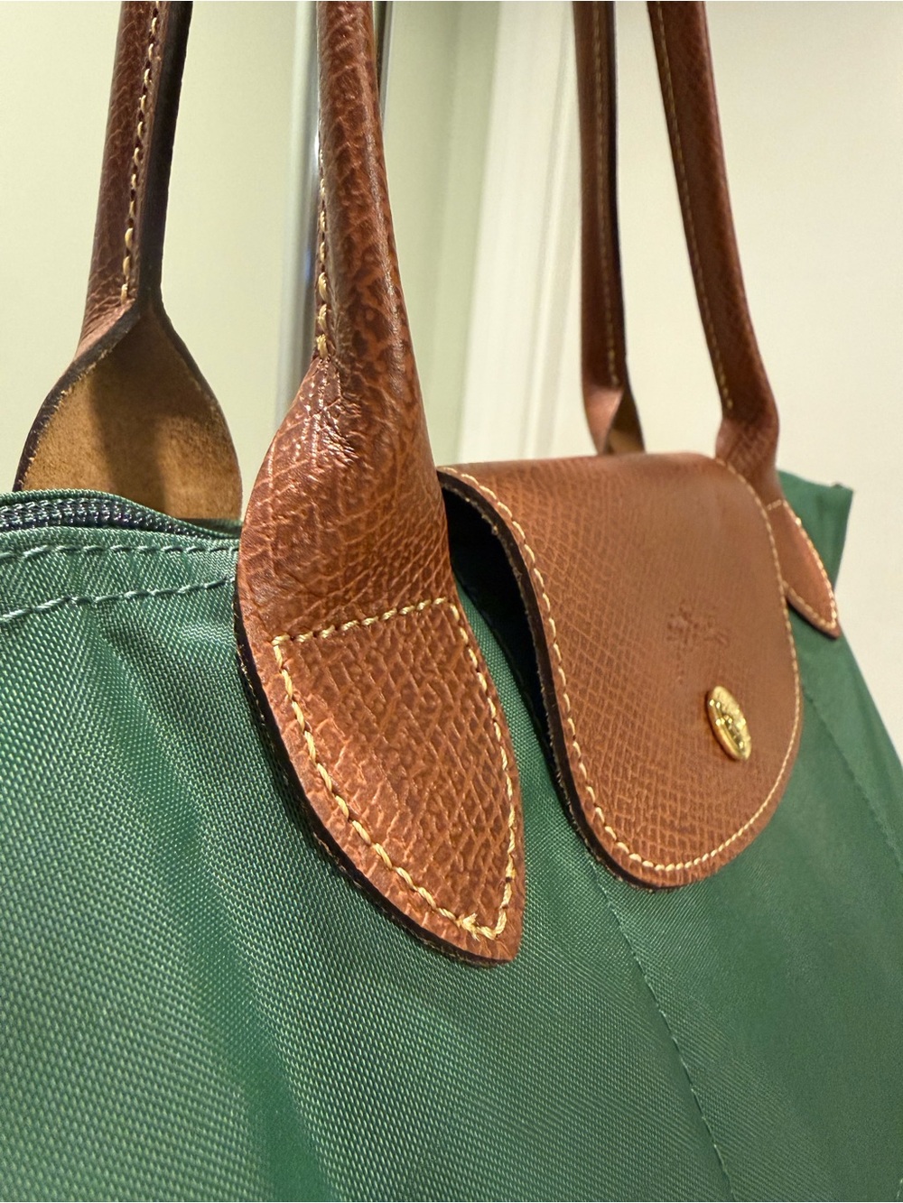 Longchamp Le Pliage Original M Tote British Green Brown Leather - Picture 3 of 15